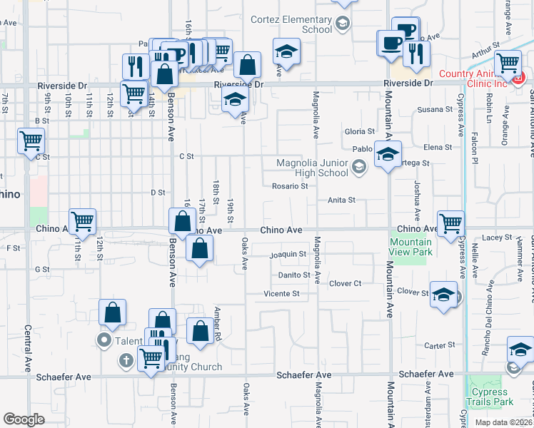 map of restaurants, bars, coffee shops, grocery stores, and more near 5948 Olvera Court in Chino
