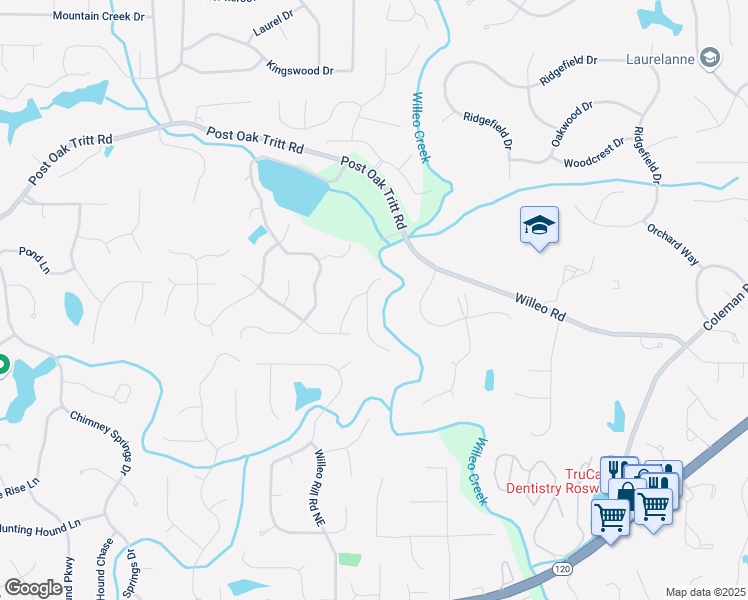 map of restaurants, bars, coffee shops, grocery stores, and more near 2682 Boulder Creek Drive in Roswell