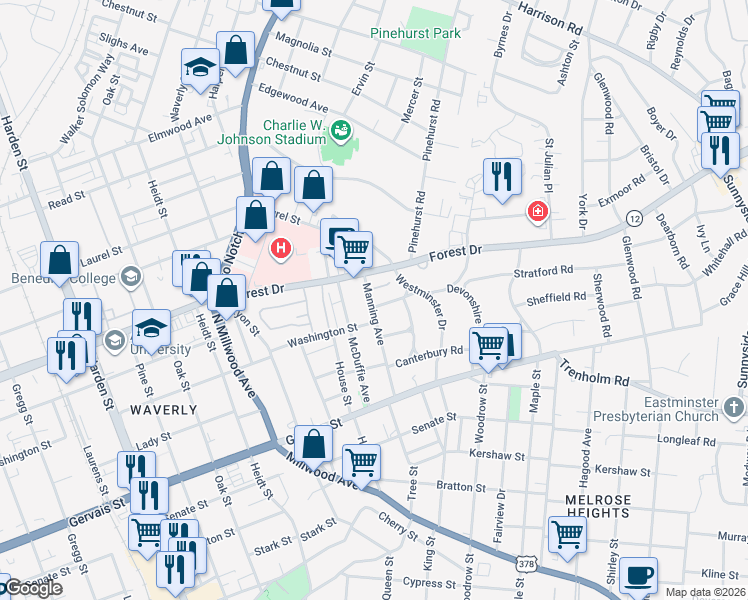 map of restaurants, bars, coffee shops, grocery stores, and more near 2501 Stratford Road in Columbia