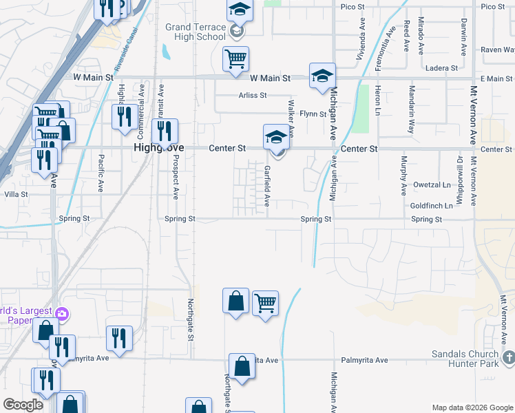 map of restaurants, bars, coffee shops, grocery stores, and more near 7456 Olive Grove Street in Riverside