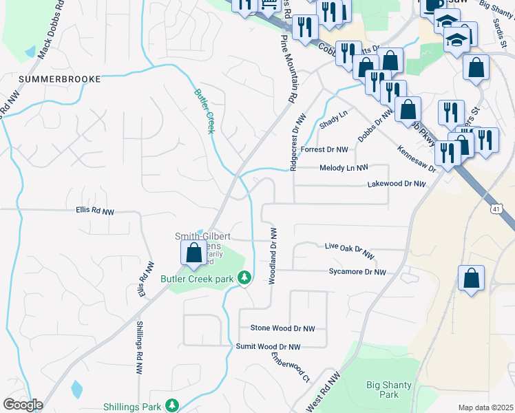 map of restaurants, bars, coffee shops, grocery stores, and more near 2596 Woodland Drive Northwest in Kennesaw