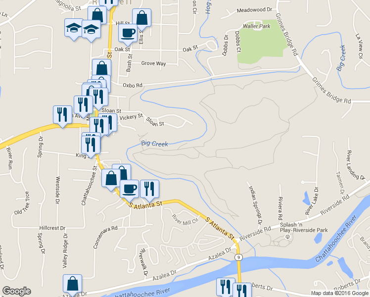 map of restaurants, bars, coffee shops, grocery stores, and more near Vickery Creek Park Trail in Roswell