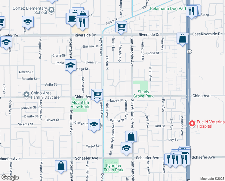 map of restaurants, bars, coffee shops, grocery stores, and more near 6562 Alfonso Court in Chino