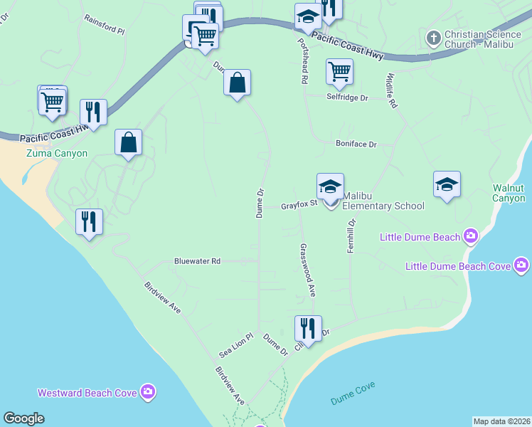 map of restaurants, bars, coffee shops, grocery stores, and more near 6900 Dume Drive in Malibu
