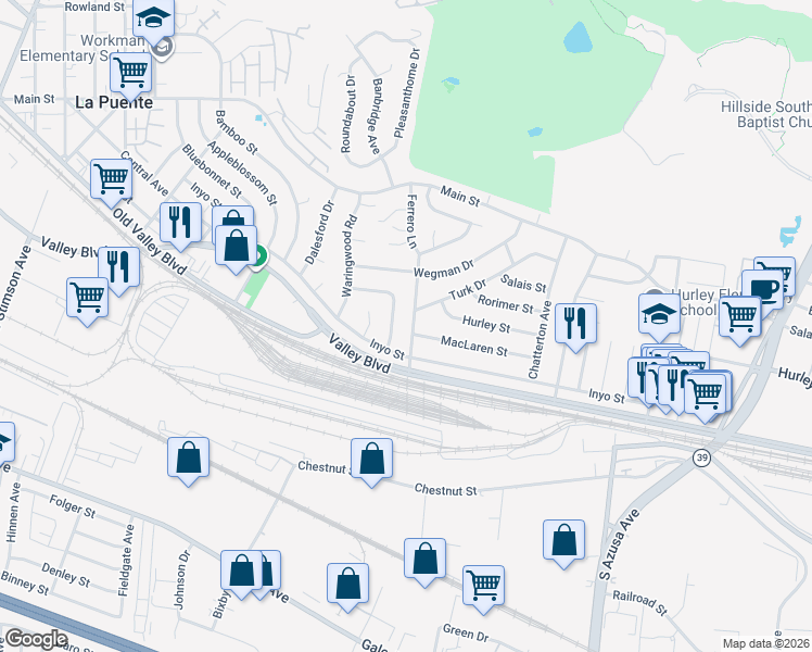 map of restaurants, bars, coffee shops, grocery stores, and more near 617 Ferrero Lane in La Puente