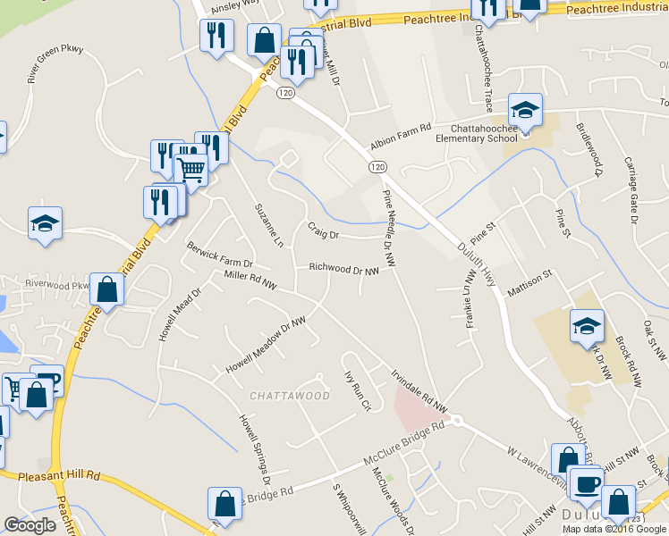 map of restaurants, bars, coffee shops, grocery stores, and more near Richwood Drive Northwest in Duluth