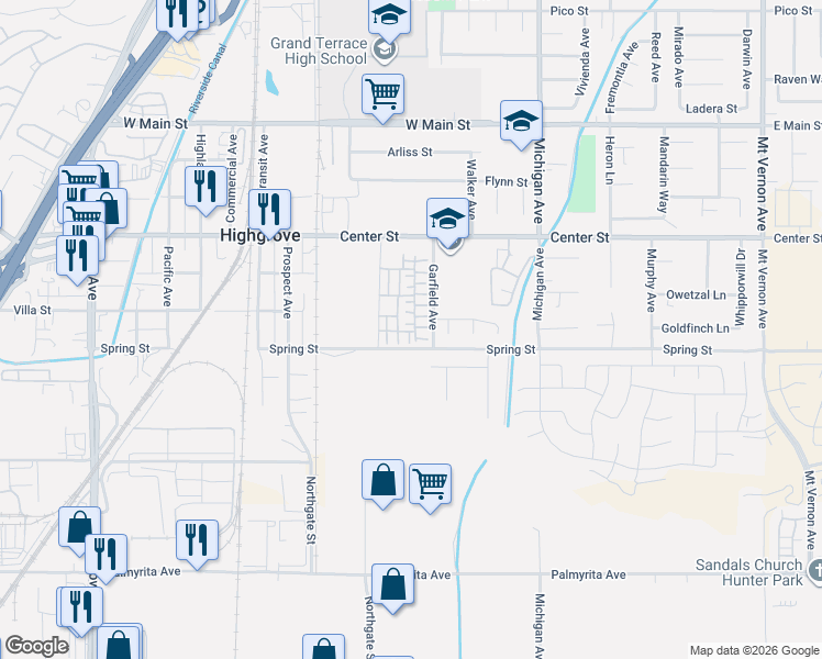 map of restaurants, bars, coffee shops, grocery stores, and more near 7339 Sage Tree Court in Riverside