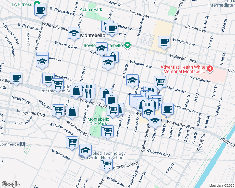 map of restaurants, bars, coffee shops, grocery stores, and more near 139 North 12th Street in Montebello