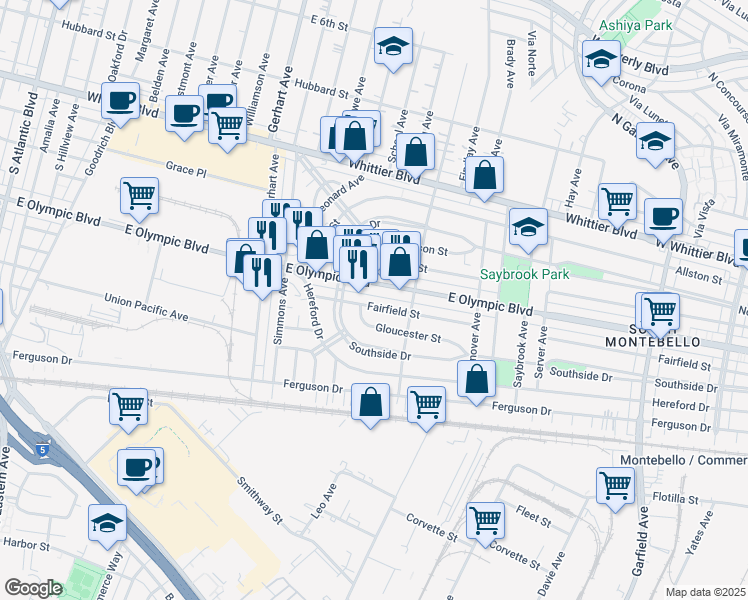 map of restaurants, bars, coffee shops, grocery stores, and more near 6031 Fairfield Street in East Los Angeles