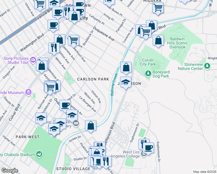 map of restaurants, bars, coffee shops, grocery stores, and more near 4306 Jackson Avenue in Culver City