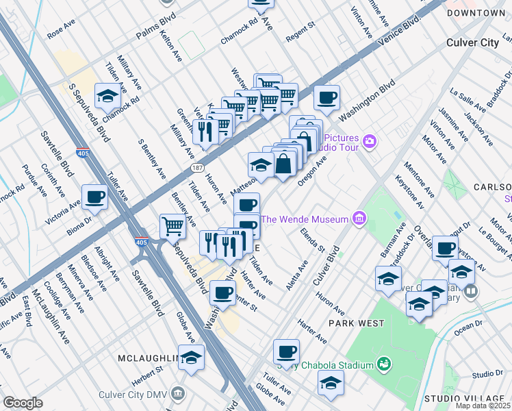 map of restaurants, bars, coffee shops, grocery stores, and more near 10950 Washington Boulevard in Culver City