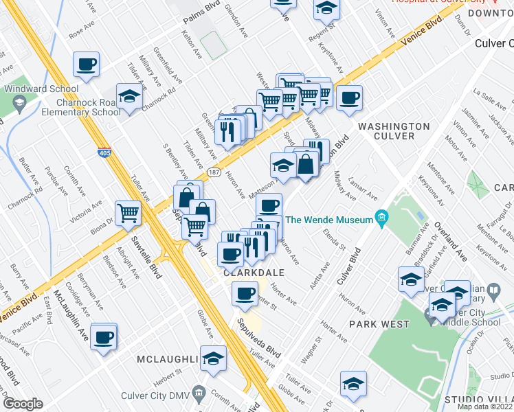 map of restaurants, bars, coffee shops, grocery stores, and more near 3924 Huron Avenue in Culver City