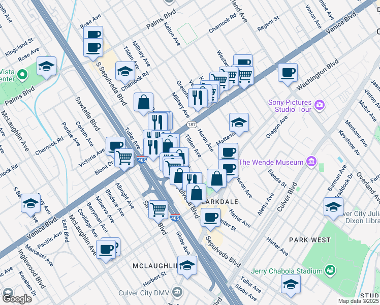 map of restaurants, bars, coffee shops, grocery stores, and more near 3856 Bentley Avenue in Culver City