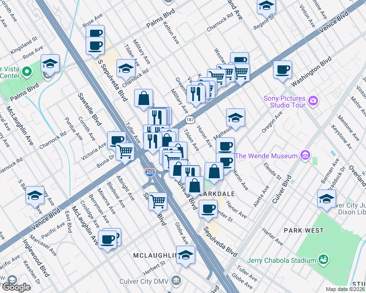 map of restaurants, bars, coffee shops, grocery stores, and more near 3856 Bentley Avenue in Culver City