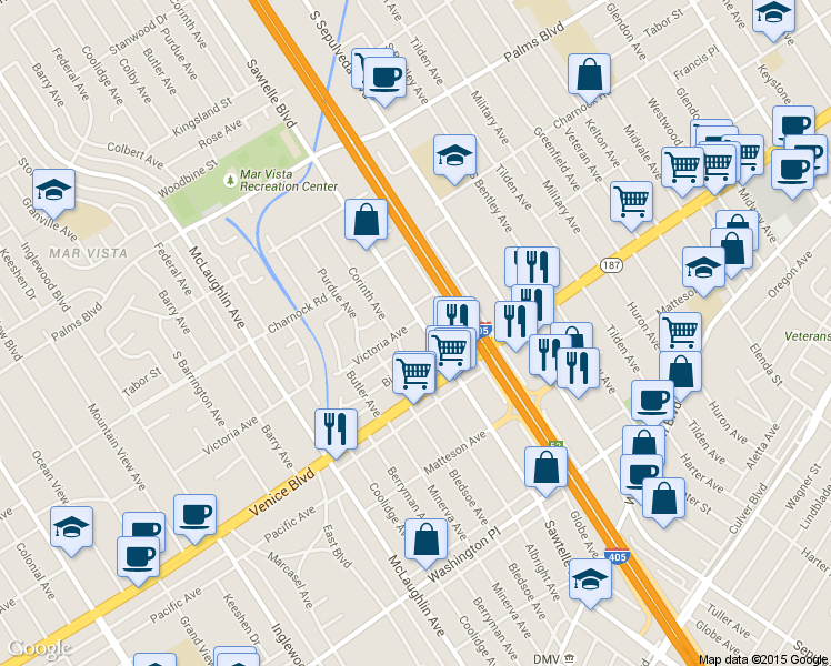 map of restaurants, bars, coffee shops, grocery stores, and more near in Los Angeles