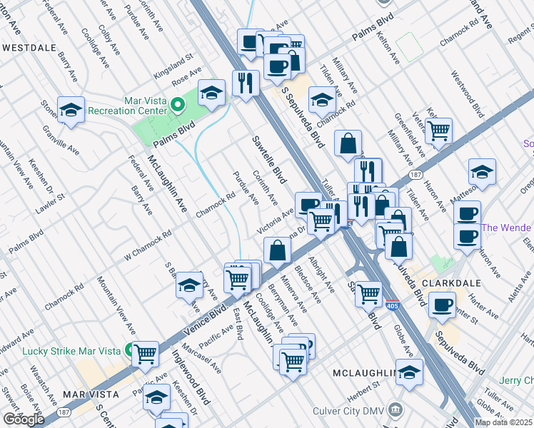 map of restaurants, bars, coffee shops, grocery stores, and more near 3659 Purdue Avenue in Los Angeles