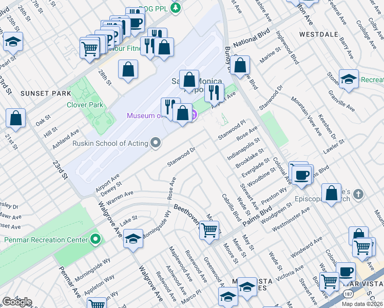 map of restaurants, bars, coffee shops, grocery stores, and more near 12701 Rose Avenue in Los Angeles