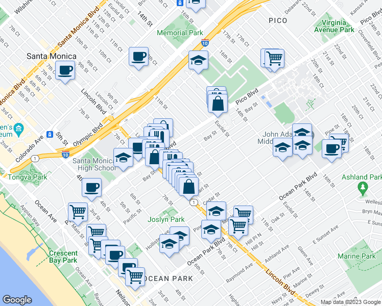 map of restaurants, bars, coffee shops, grocery stores, and more near 1027 Grant Street in Santa Monica