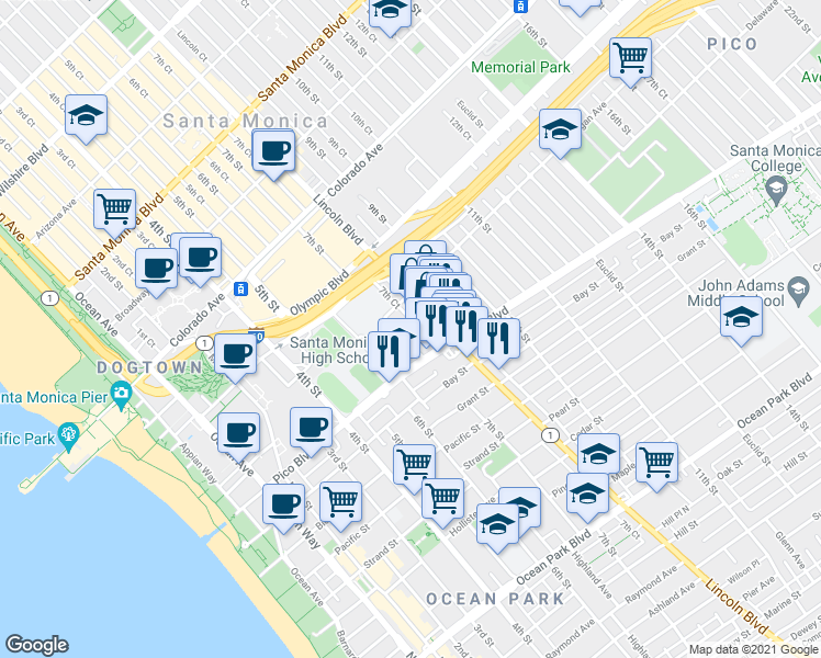 map of restaurants, bars, coffee shops, grocery stores, and more near 1829 7th Street in Santa Monica