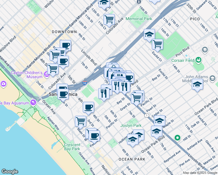 map of restaurants, bars, coffee shops, grocery stores, and more near 1829 7th Street in Santa Monica