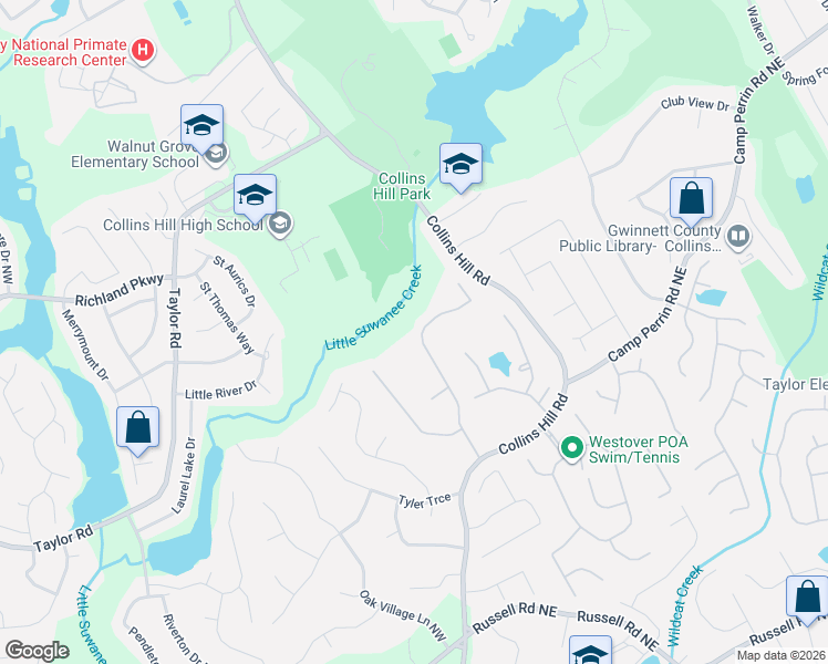 map of restaurants, bars, coffee shops, grocery stores, and more near 2150 Wildcat Cliffs Way in Lawrenceville