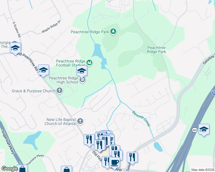 map of restaurants, bars, coffee shops, grocery stores, and more near 1359 Belmont Hills in Suwanee