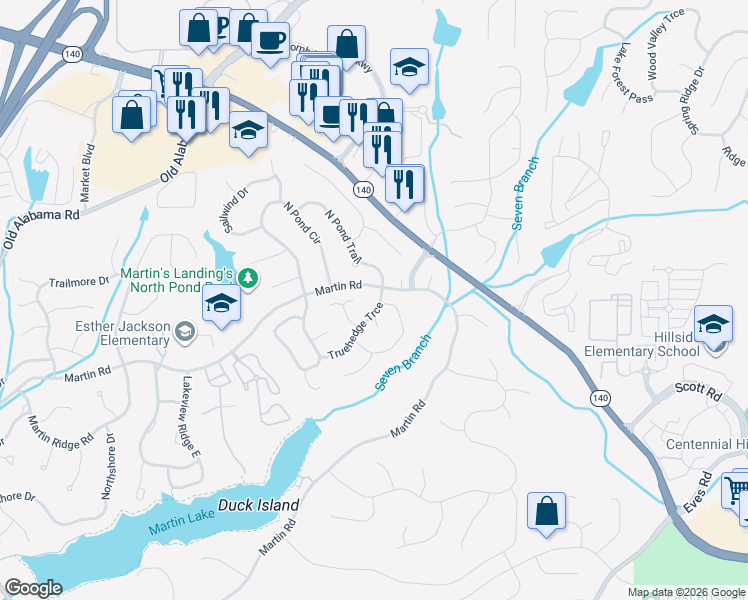 map of restaurants, bars, coffee shops, grocery stores, and more near 310 Truehedge Trce in Roswell