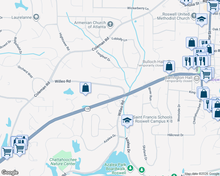 map of restaurants, bars, coffee shops, grocery stores, and more near 520 Willeo Road in Roswell