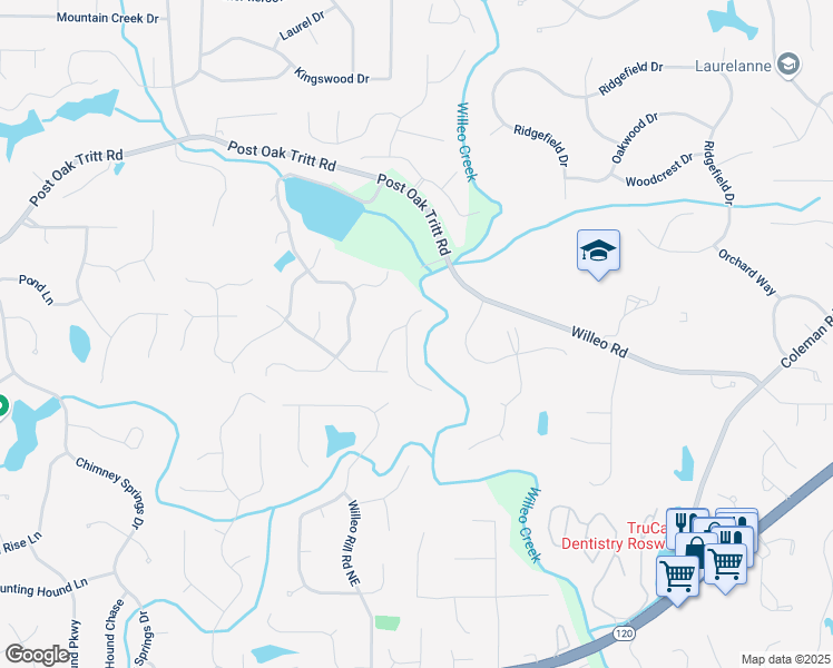 map of restaurants, bars, coffee shops, grocery stores, and more near 2682 Boulder Creek Drive in Roswell