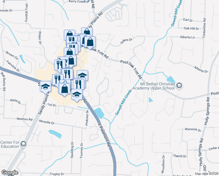 map of restaurants, bars, coffee shops, grocery stores, and more near 2624 Watercrest Court Northeast in Marietta