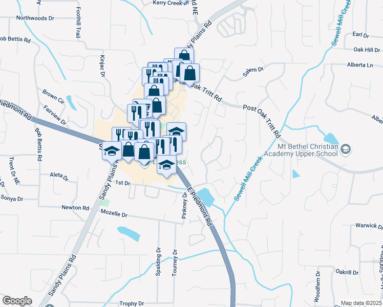 map of restaurants, bars, coffee shops, grocery stores, and more near 2332 Leacroft Way in Marietta