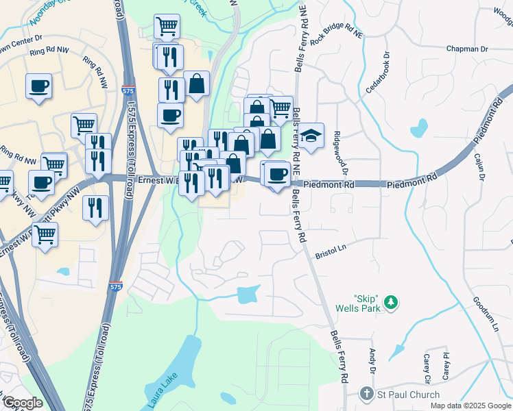 map of restaurants, bars, coffee shops, grocery stores, and more near 21 Highoak Drive in Marietta