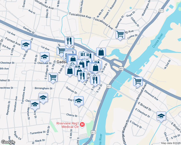 map of restaurants, bars, coffee shops, grocery stores, and more near 235 Broad Street in Gadsden