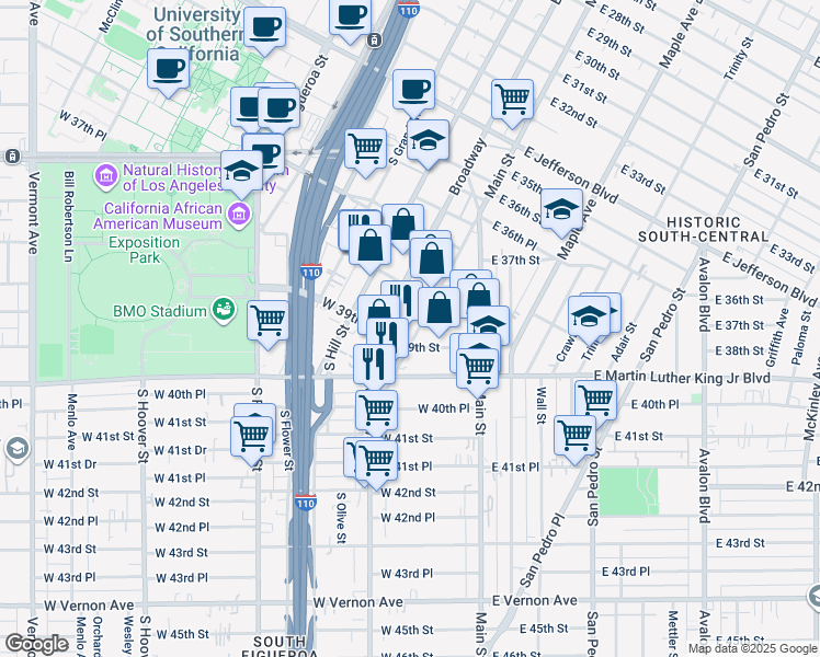 map of restaurants, bars, coffee shops, grocery stores, and more near 3838 Broadway Place in Los Angeles