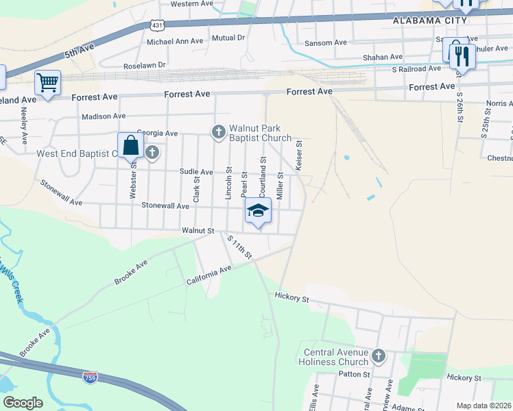 map of restaurants, bars, coffee shops, grocery stores, and more near 423 Van Courtland Street in Gadsden