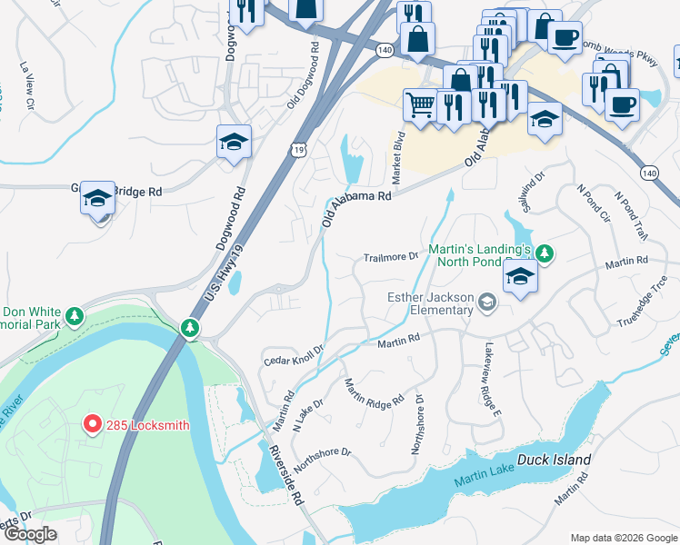 map of restaurants, bars, coffee shops, grocery stores, and more near 415 Taberwood Way in Roswell