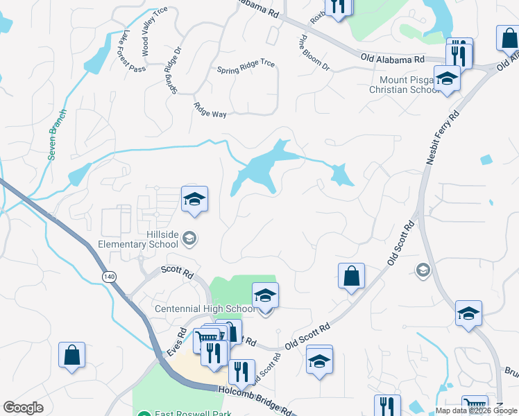 map of restaurants, bars, coffee shops, grocery stores, and more near 120 Forest Breeze Cove in Alpharetta