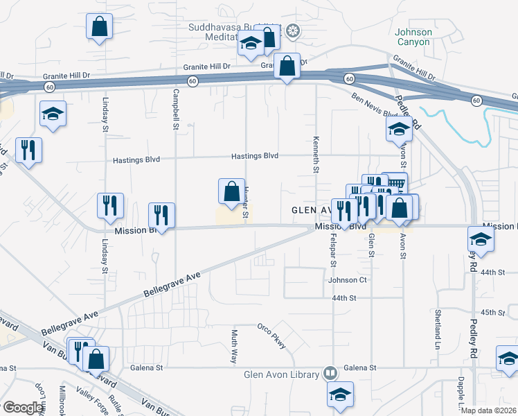 map of restaurants, bars, coffee shops, grocery stores, and more near 4158 Hunter Street in Riverside