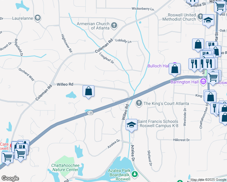 map of restaurants, bars, coffee shops, grocery stores, and more near 520 Willeo Road in Roswell