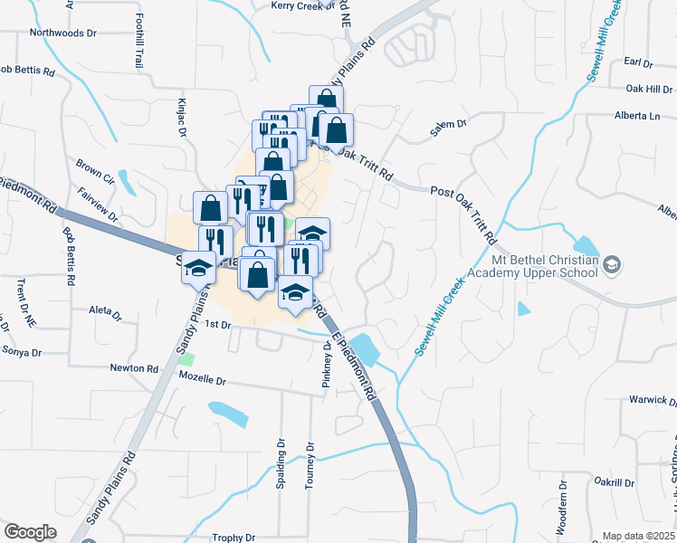 map of restaurants, bars, coffee shops, grocery stores, and more near 2332 Leacroft Way in Marietta