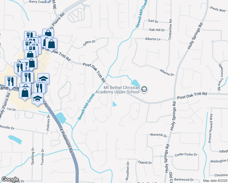 map of restaurants, bars, coffee shops, grocery stores, and more near 2592 Oak Village Place Northeast in Marietta