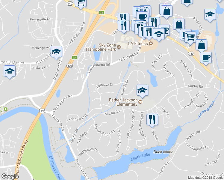 map of restaurants, bars, coffee shops, grocery stores, and more near 360 Softpine Trail in Roswell