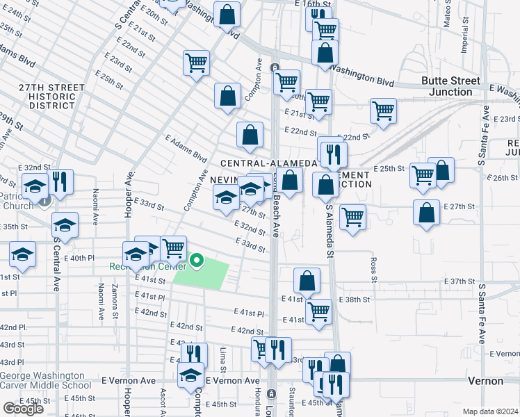map of restaurants, bars, coffee shops, grocery stores, and more near 1655 East 27th Street in Los Angeles