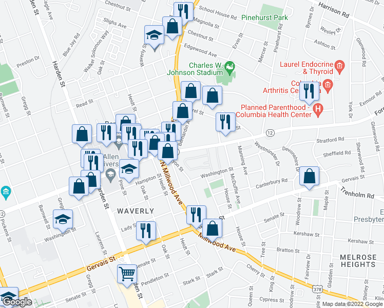 map of restaurants, bars, coffee shops, grocery stores, and more near 2432 Forest Drive in Columbia