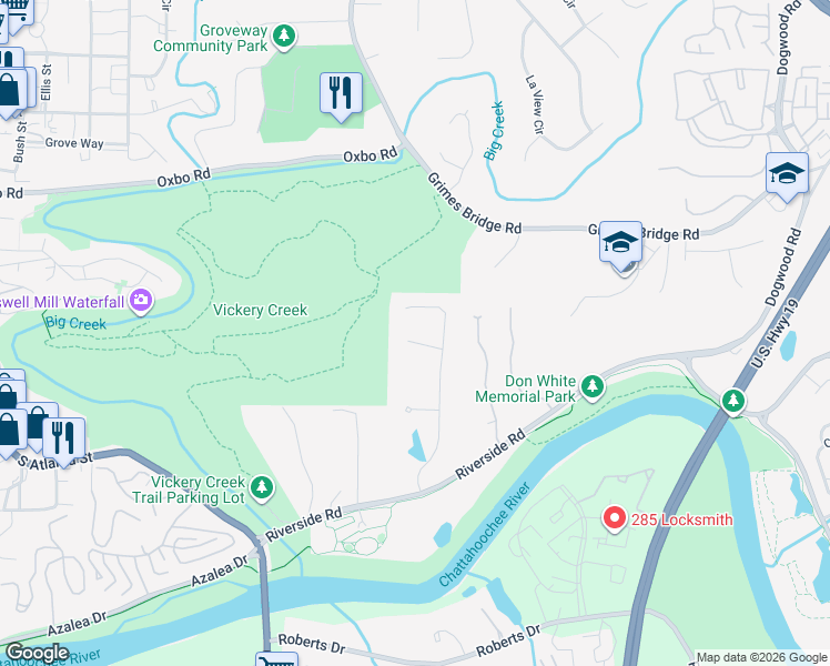 map of restaurants, bars, coffee shops, grocery stores, and more near 135 River Lake Court in Roswell
