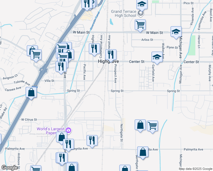 map of restaurants, bars, coffee shops, grocery stores, and more near 475 Transit Avenue in Riverside