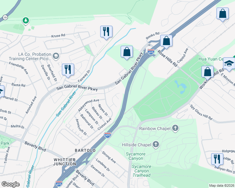 map of restaurants, bars, coffee shops, grocery stores, and more near 3684 Elford Drive in Whittier