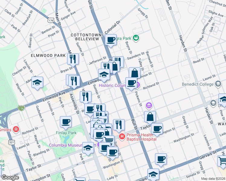 map of restaurants, bars, coffee shops, grocery stores, and more near 1930 Marion Street in Columbia