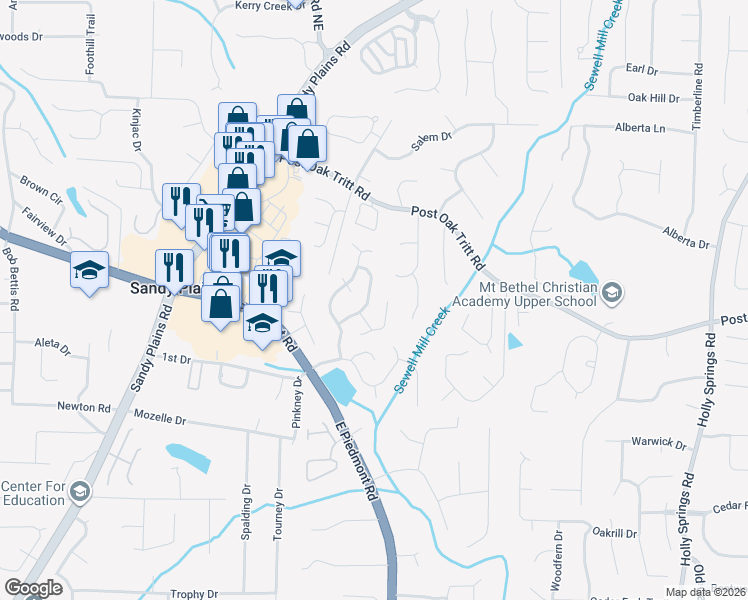 map of restaurants, bars, coffee shops, grocery stores, and more near 2624 Watercrest Court Northeast in Marietta