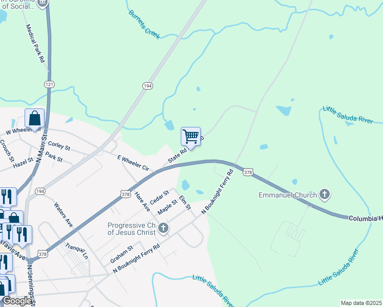 map of restaurants, bars, coffee shops, grocery stores, and more near 605 Travis Avenue in Saluda